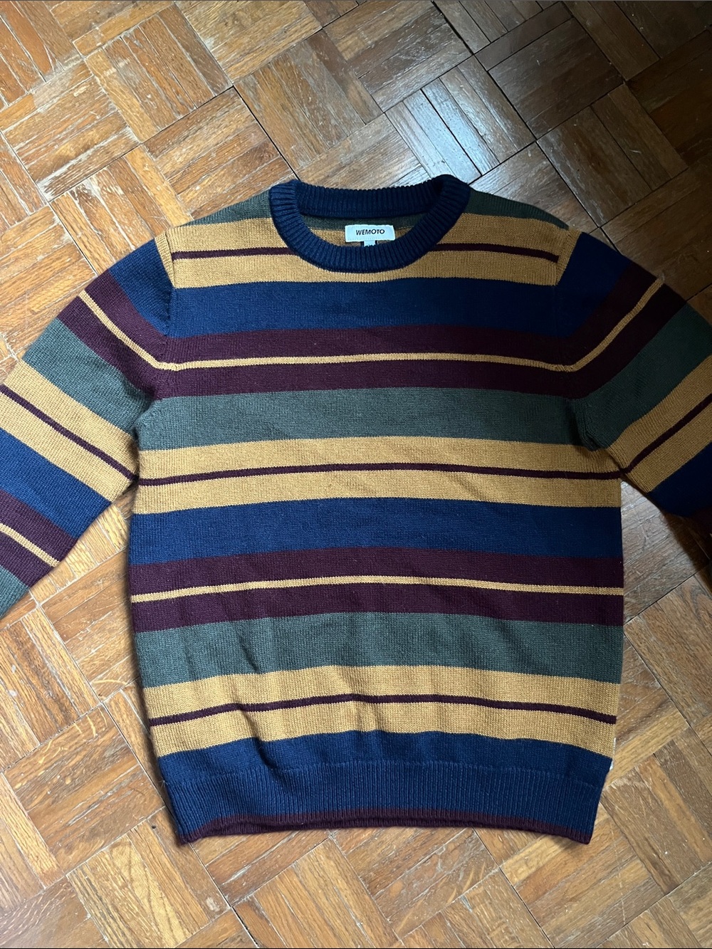 Wemoto Men's Striped Crewneck Sweater in Navy/Olive/Gold/Burgundy